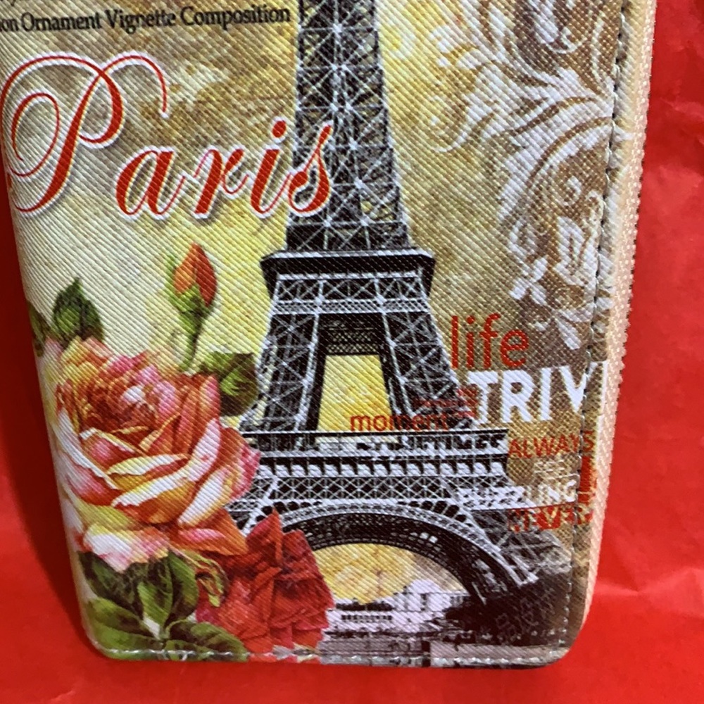 Zip Around Wallet Cream Paris Eiffel Tower Roses - Picture 3 of 11